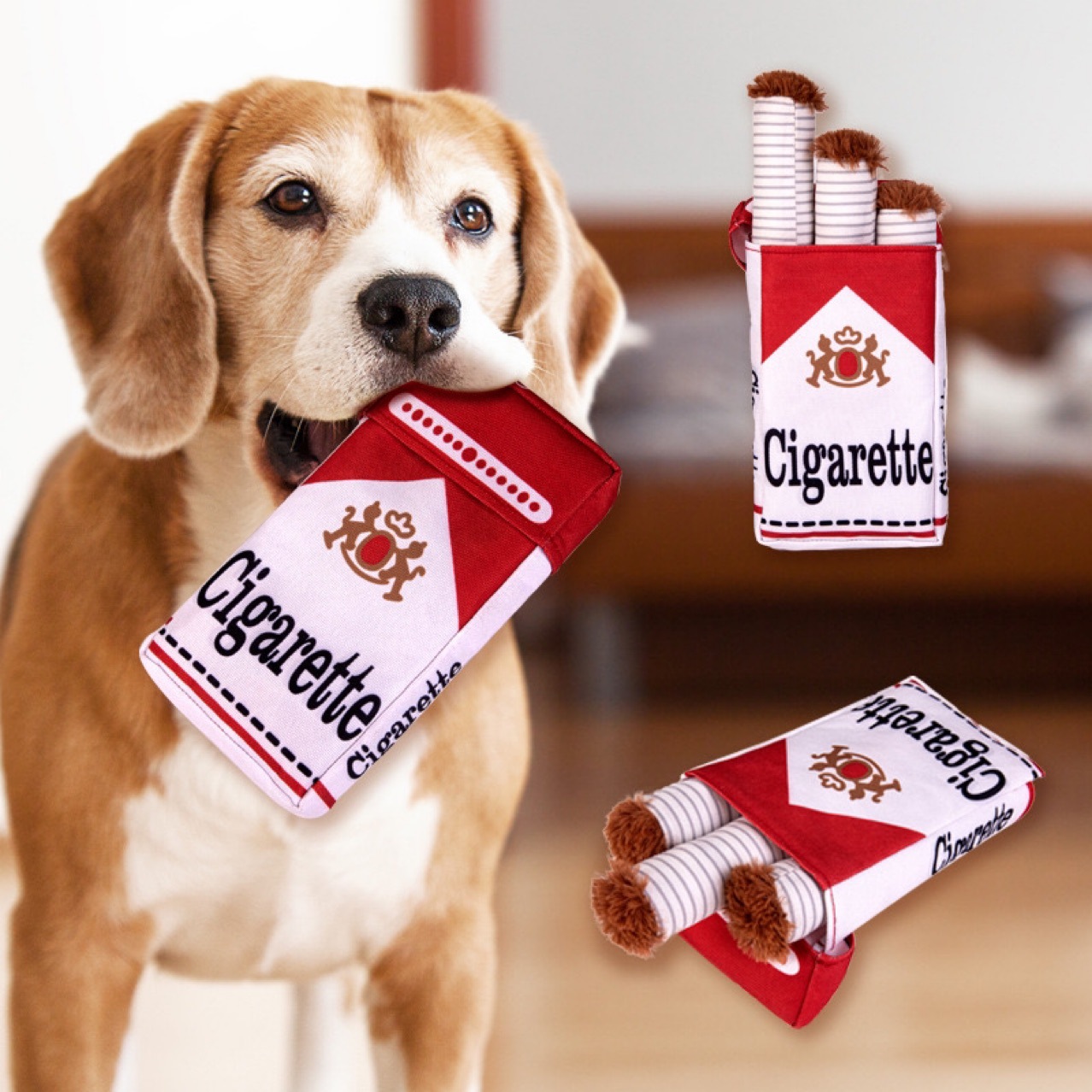 2-Pack Funny Cigarette Box Squeaky Dog Toy - Soft Plush Interactive Molar Toy, Crinkle & Squeak Boredom Breaker